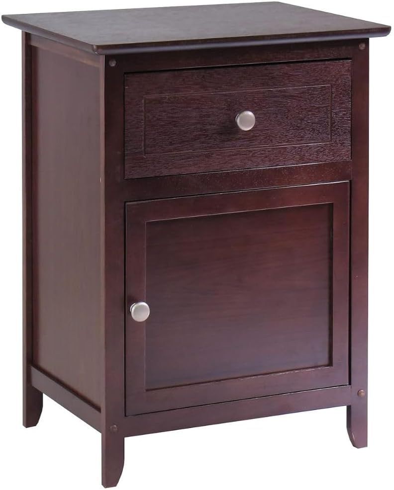 Wood Eugene Accent Table Walnut Finish Compact Side Table with Drawer and Cab...