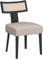 HNY Mid Century Modern Rattan Dining Chairs Set of 2, Farmhouse Linen Upholstered Accent Chair Curved Backrest Kitchen Chairs, with Black Hardwood Frame, Beige