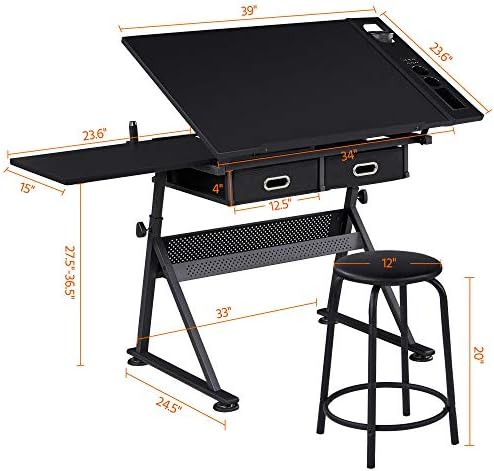 Yaheetech Adjustable Drafting Table Art Desk,Storage Drawers & Stool,Blac...