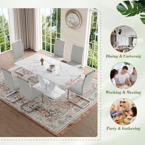 JUFU 63" Faux Marble Dining Table for 4-6 People, Modern Rectangular Kit...