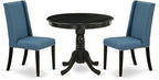 East West Furniture ANFL3-ABK-21 3 Piece Modern Dining Table Set Contains a Round Kitchen Table with Pedestal and 2 Blue Linen Fabric Parson Dining Chairs, 36x36 Inch, Wirebrushed Black