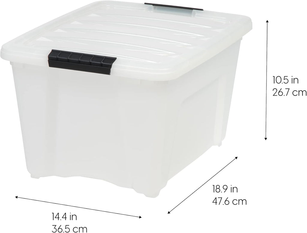 IRIS USA 32 Qt Stackable Plastic Storage Bins with Lids, 6 Pack - BPA-Free, Made in USA - Discreet Organizing Solution, Latches, Durable Nestable Containers, Secure Pull Handle - Pearl