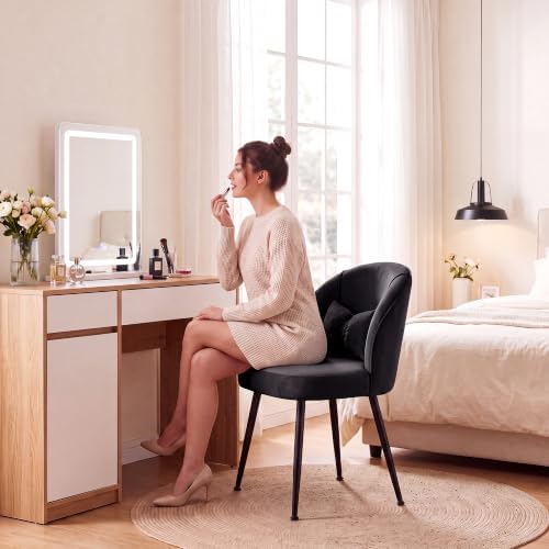 Homkdom Velvet Vanity Chair with Bow Pillow, No Wheels, Black