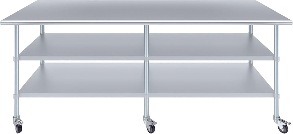 AmGood Stainless Steel Work Table with 2 Shelves and Casters | Metal Utility Table On Wheels (Stainless Steel, 96" Long x 30" Deep)