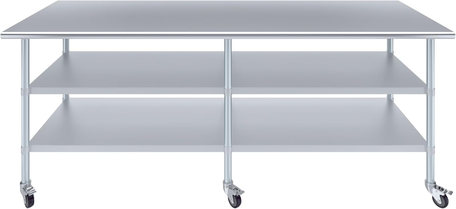 AmGood Stainless Steel Work Table with 2 Shelves and Casters | Metal Utility Table On Wheels (Stainless Steel, 96" Long x 30" Deep)