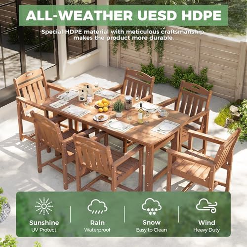 HDPE Outdoor Dining Set, Patio Table and 6 Chairs, 2" Umbrella Hole, Teak