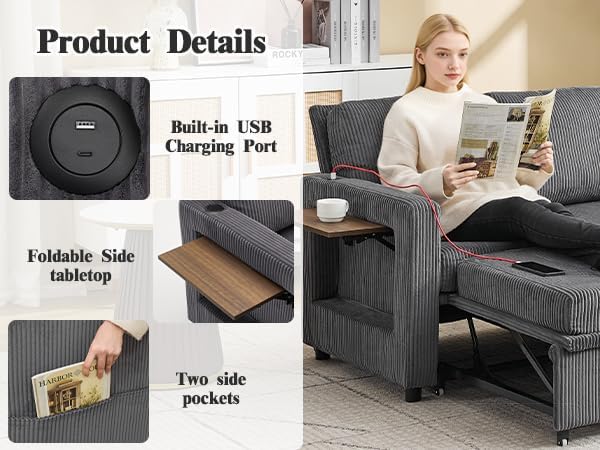 3 in 1 Convertible Sofa Bed, Pull Out Couch with Dual USB and Type C Ports, C...