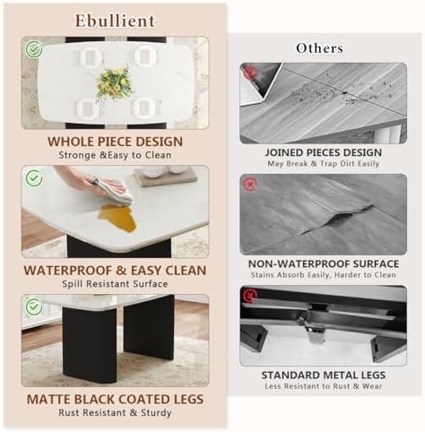 Ebullient White Dining Table Set for 6, 67'' Marble Oval Dining Table Set with 6 Metal Chairs, 3.5'' Thick Marble-Grain Top and Matte Black Wood Base, Space-Saving 7 Piece Kitchen Table Set