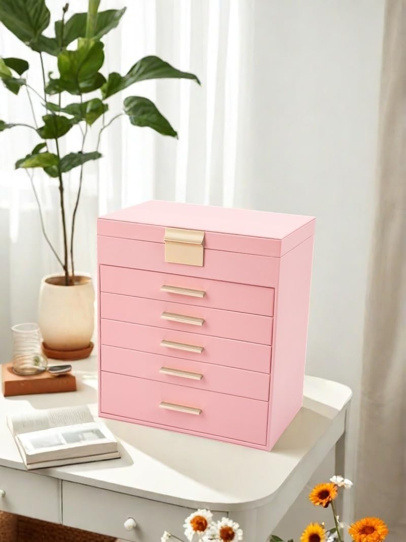 BOOVO Jewelry Box with Necklace Hanger – 6 layer Jewelry Organizer for Women with 5 Drawers, Large Jewelry Storage Boxes –Jewelry Organizers and Storage for Earrings, Necklaces (Pink, 6 layer)