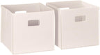 RiverRidge Folding Storage Bins - 2-pack of 10in Tall Cream Cubes | Fabric Bins, Set of 2 Storage Cubes, Cut-out Handles, Playroom Closet Organizer, Collapsible Cubby with Bottom Board Insert