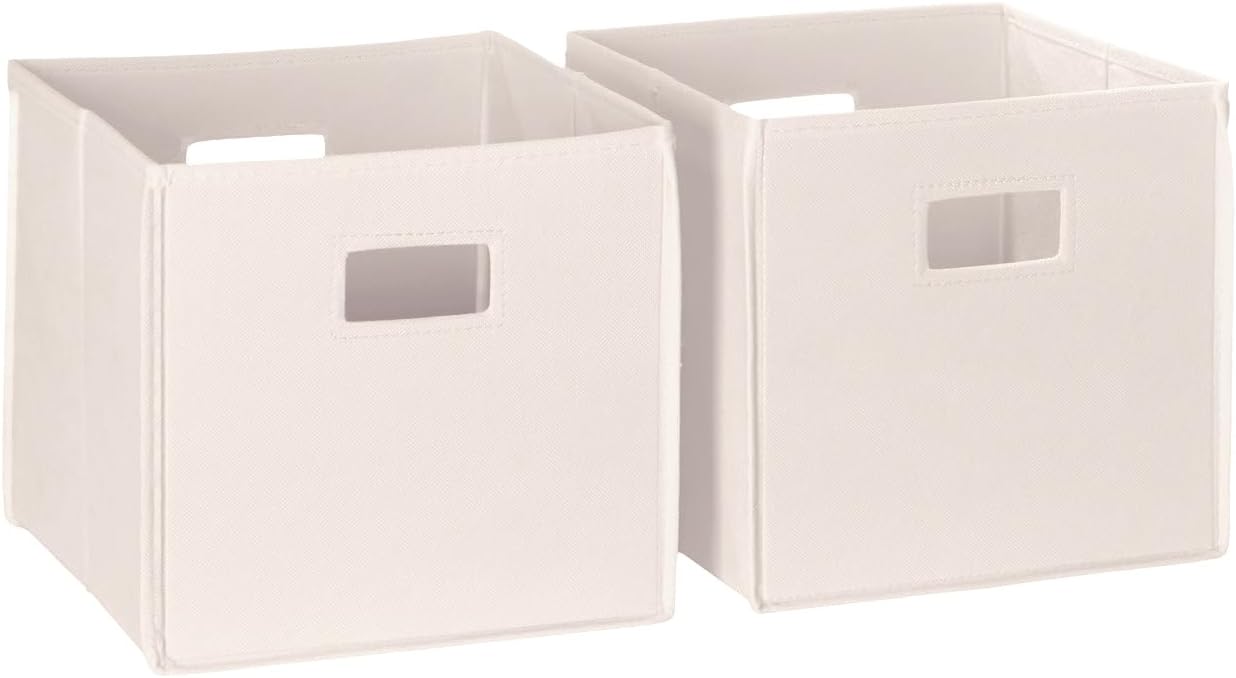 RiverRidge Folding Storage Bins - 2-pack of 10in Tall Cream Cubes | Fabric Bins, Set of 2 Storage Cubes, Cut-out Handles, Playroom Closet Organizer, Collapsible Cubby with Bottom Board Insert