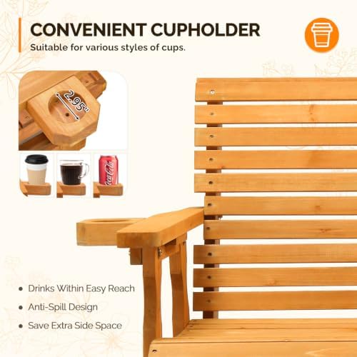VINGLI Wooden Patio Glider, Heavy Duty 800 LBS Outdoor Glider with Cup Holder...