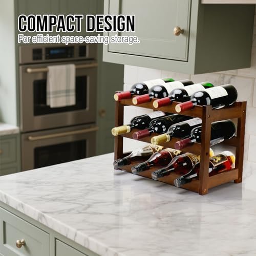 Bamboo Wine Rack, 3-Tier 12 Bottles Wine Storage Cabinet Shelf | Easy Assembl...