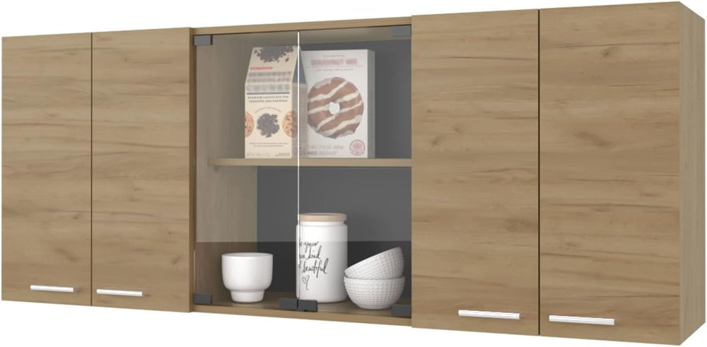 Wall Cabinet Kitchen 4 Doors and Glass Storage, Natural Oak,for Kitchen