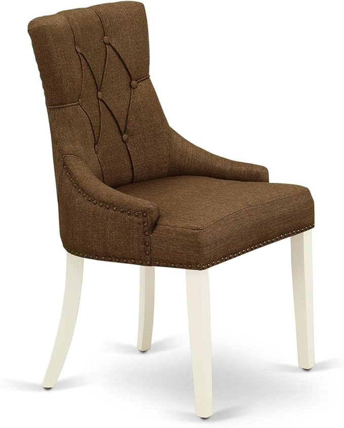 East West Furniture FRP2T18 Friona Parsons Dining Chairs - Button Tufted Nailhead Trim Brown Linen Linen Fabric Upholstered Chairs, Set of 2, Linen White