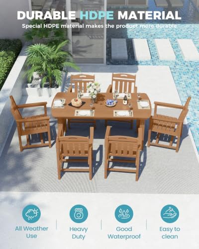 Ciokea HDPE Outdoor Dining Set of 6, Patio Table and Chairs Sets, Teak