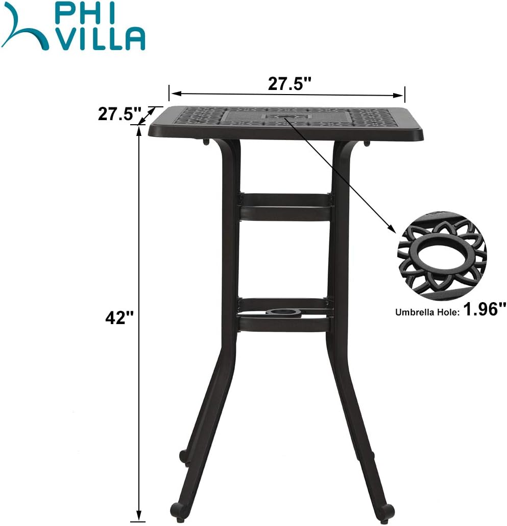 PHI VILLA Outdoor Patio Bar Tables Cast Aluminum,27.5" L x 27.5" W x 42" H | Frosted Surface Square Bar Height Bistro Table with 1.96" Umbrella Hole for Balcony Lawn Garden