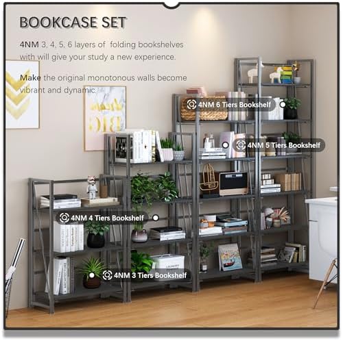 4NM No Assembly Folding Bookshelf Book Shelves, 6-Tier 74"" H Colla...