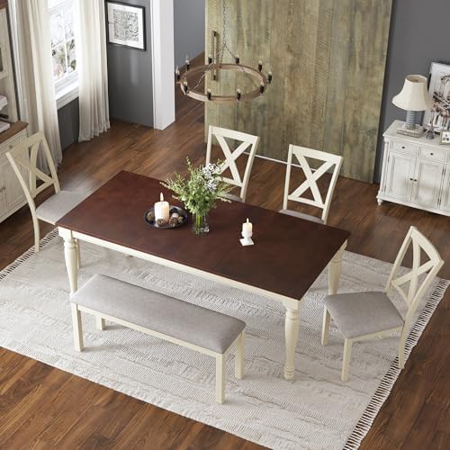 AMERLIFE 6 Piece Farmhouse Dining Table Set with 71" Solid Wood Table