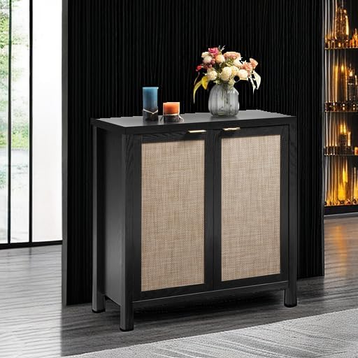 SICOTAS Rattan Black Sideboard Buffet Storage Cabinet with Large Storage