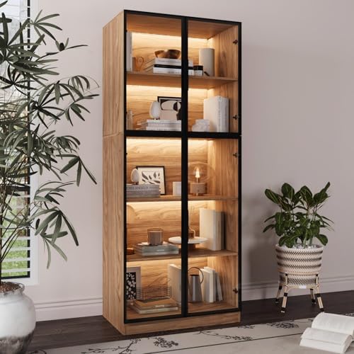 Mekminop Glass Display Cabinet with Lights and Shelves, Modern Display Case C...