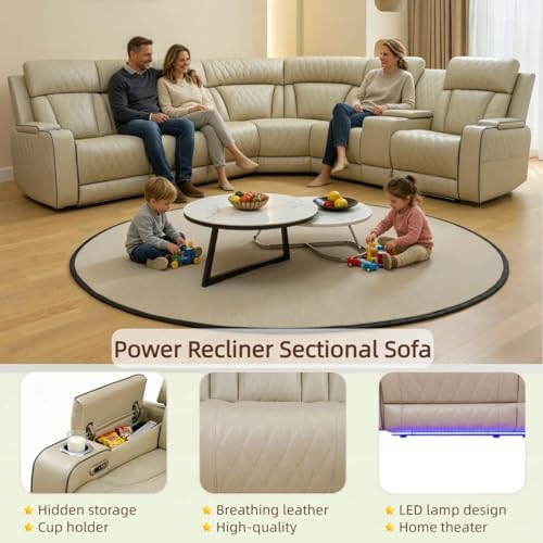 Breathing Leather Reclining Sofa Set,Power Recliner Sectional Couch with LED ...