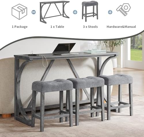 59" Dining Bar Table Set with Power Outlet, Behind Couch Sofa Table with...