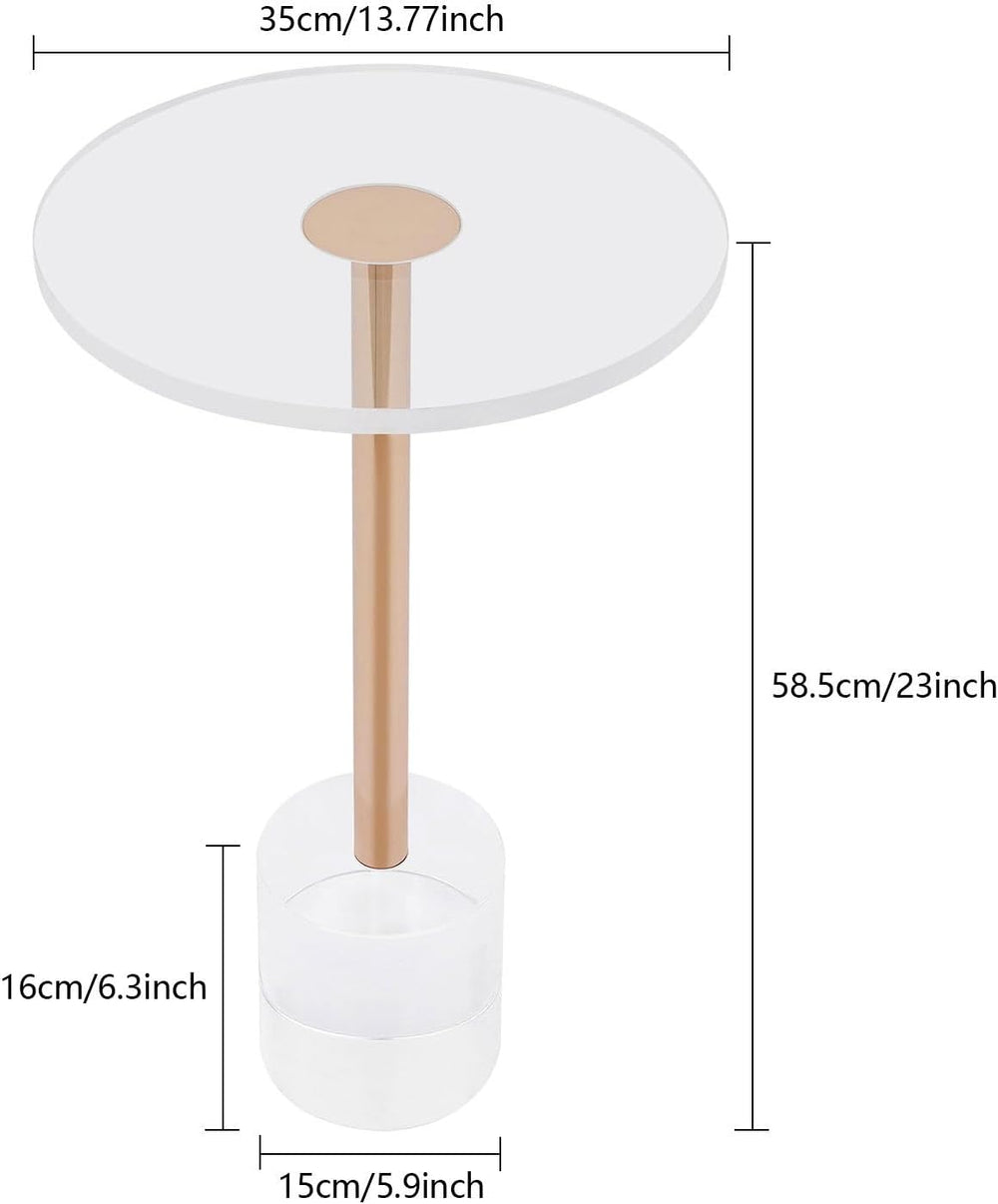 Modern Side Table with Cylindrical Base, Clear Acrylic End Table, Brushed Bra...
