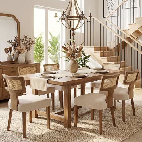 HNY Mid Century Modern Rattan Dining Chairs Set of 6, Linen Upholstered Kitch...