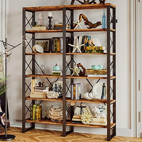 IRONCK Bookshelf Double Wide 6-Tier 76" H, Open Large Bookcase, Industri...