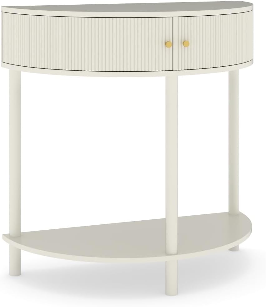 Artisan-Crafted Wave-Pattern Demi-Lune Console Table with Creamy White Finish...