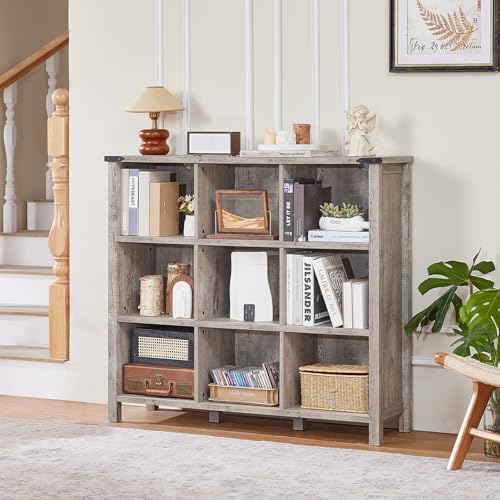Joaxswe 9 Cube Bookcase, Farmhouse 47 Inch Wide Grey Oak Bookshelf, Wooden 3 ...