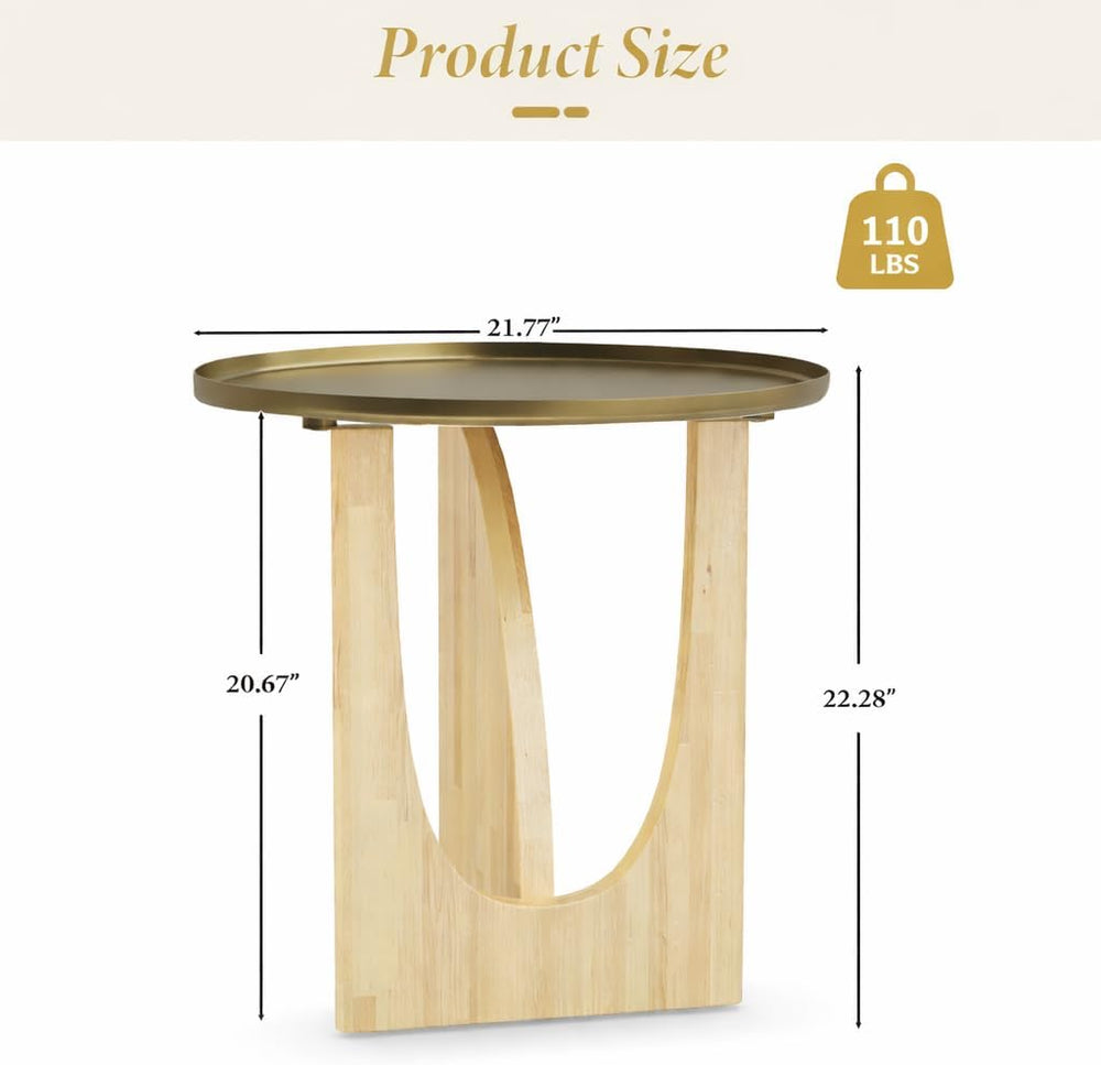 AUZ Round End Table with Brushed Gold Top, Small Wood Side Table for Living R...