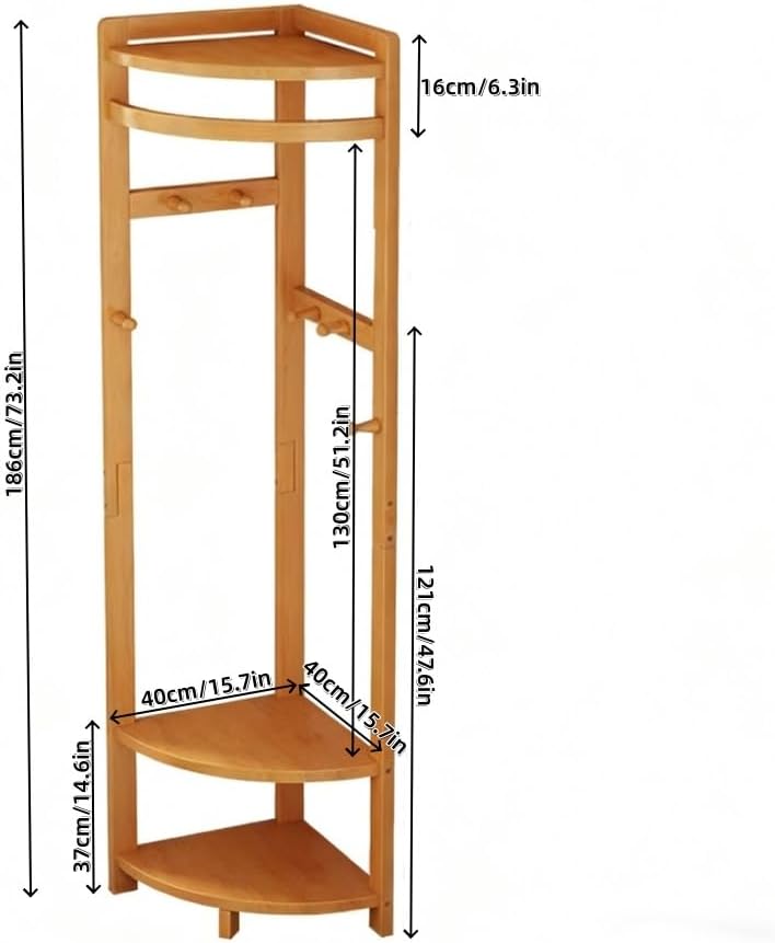 Bamboo Corner Coat Rack, Floor-Standing Clothing Rack with Hooks(Brown) | Storage Rack with Corner Shelves, Multifunctional Coat Stand for Living Room, Entrance, and Bedroom