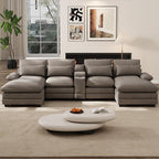 OUYESSIR 133" U Shaped Cloud Sectional Couch with USB Port, Stone Grey | 4 Seat, Double Chaise Lounge, Central Console, Cup Holders