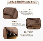 Manual Recliner Sectional Sofa Set, Fabric L-Shaped Living Room Furniture Sets, Reclining Sectional Corner Couch and 2 Reclining Chairs Set for Home Office (Brown, Sectional + 2 Chairs)