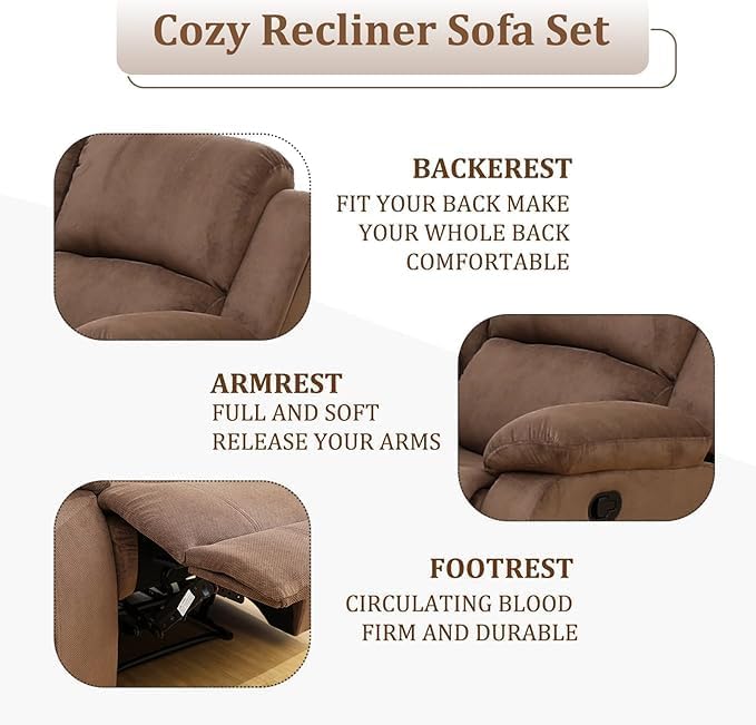 Manual Recliner Sectional Sofa Set, Fabric L-Shaped Living Room Furniture Sets, Reclining Sectional Corner Couch and Recliner Chair Set for Home Office (Brown, Sectional + Chair)