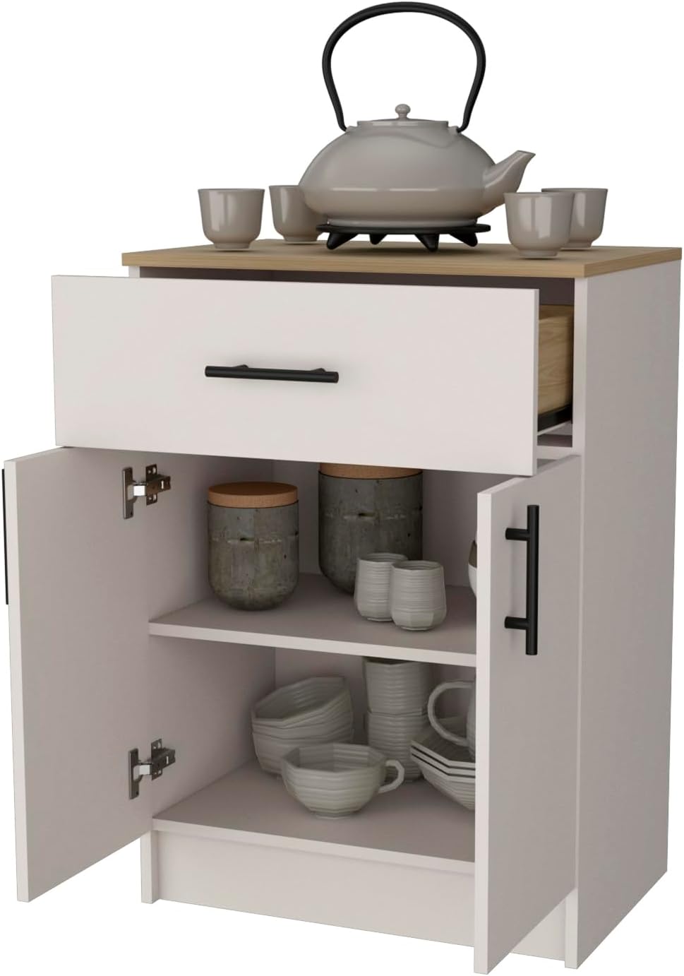 Cope Kitchen Pantry in Melamine with 2 Doors and 1 Drawer, Ivory/Natural Oak
