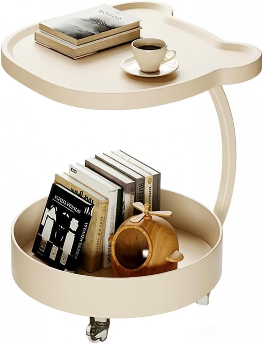 C Shaped End Table, 360°Swivel TV Tray Table with Wheels, Side Table with Sto...