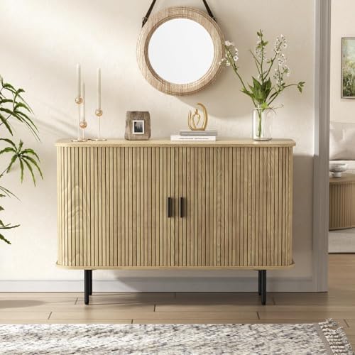 Fluted Sideboard Buffet Cabinet, Sliding Door/Adjustable Shelf, Natural