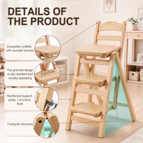 Folding Bar Stool, 3 Step Portable Adults Solid Wood Ladder Stool, Wood