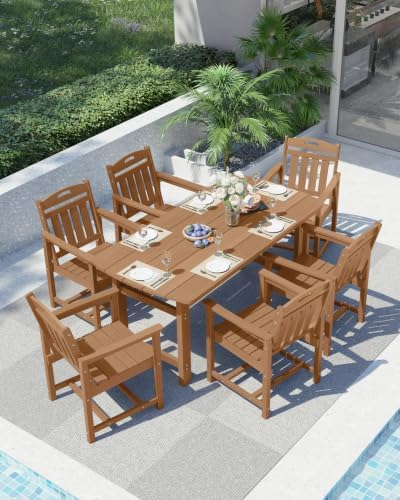 Ciokea HDPE Outdoor Dining Set of 6, Patio Table and Chairs Sets, Teak