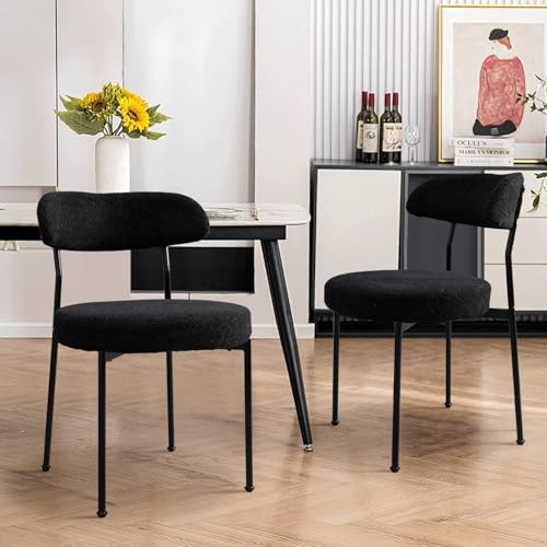 Dining Table and Chair Set 31.5" Black Round Table&2 Boucle Upholste...