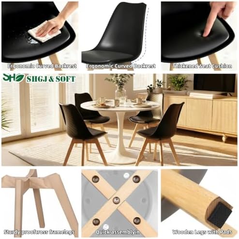 Dining Chairs Set of 4, PU Leather Kitchen Chairs,Wood Legs (Black, 4 PC)