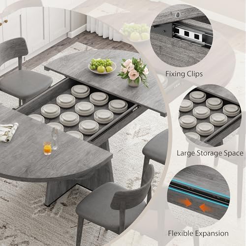 Extendable Dining Table, Round Kitchen Dining Room Dinner Table with for 4 6 ...