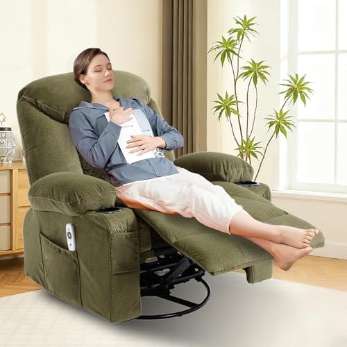 Oversized Massage Swivel Rocker Recliner Nursery Rocking Glider Chair Green | Fabric Manual Recliner with Heat Massage, Overstuffed, Cup Holders, USB Charging Port, Nursery Glider Chair