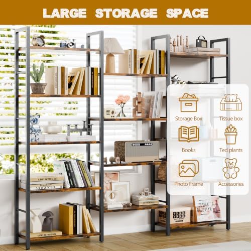 Shintenchi Large 5 Tier Bookshelf,Triple Bookcase, Tall Open Shelves