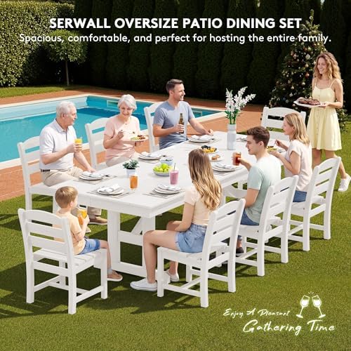 SERWALL 9Pcs 84" HDPE Outdoor Dining Set for 8 with Armless Chairs,White
