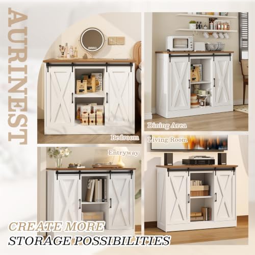 Farmhouse Coffee Bar Cabinet, 42" Buffet Cabinet with 2 Sliding Barn Doo...