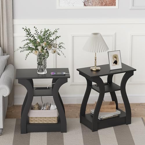FROMJBEST End Tables Living Room Set of 2 with Charging Station, Black
